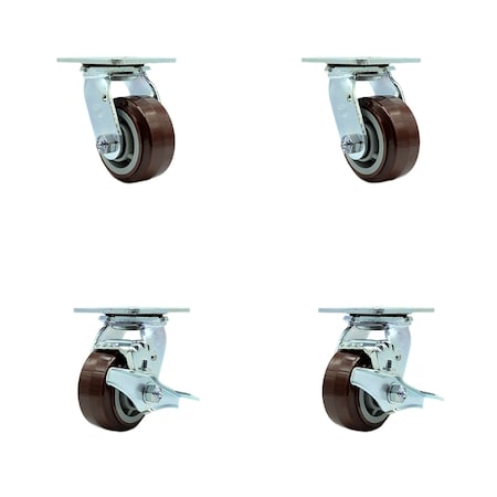 Service Caster 4 Inch Polyurethane Swivel Caster Set with Roller Bearings 2 Brakes SCC SCC-30CS420-PPUR-2-TLB-2
